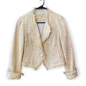 Cabi Daisy Tweed Jacket Womens S Yellow White Raw Hem Long Sleeve Cropped Blazer